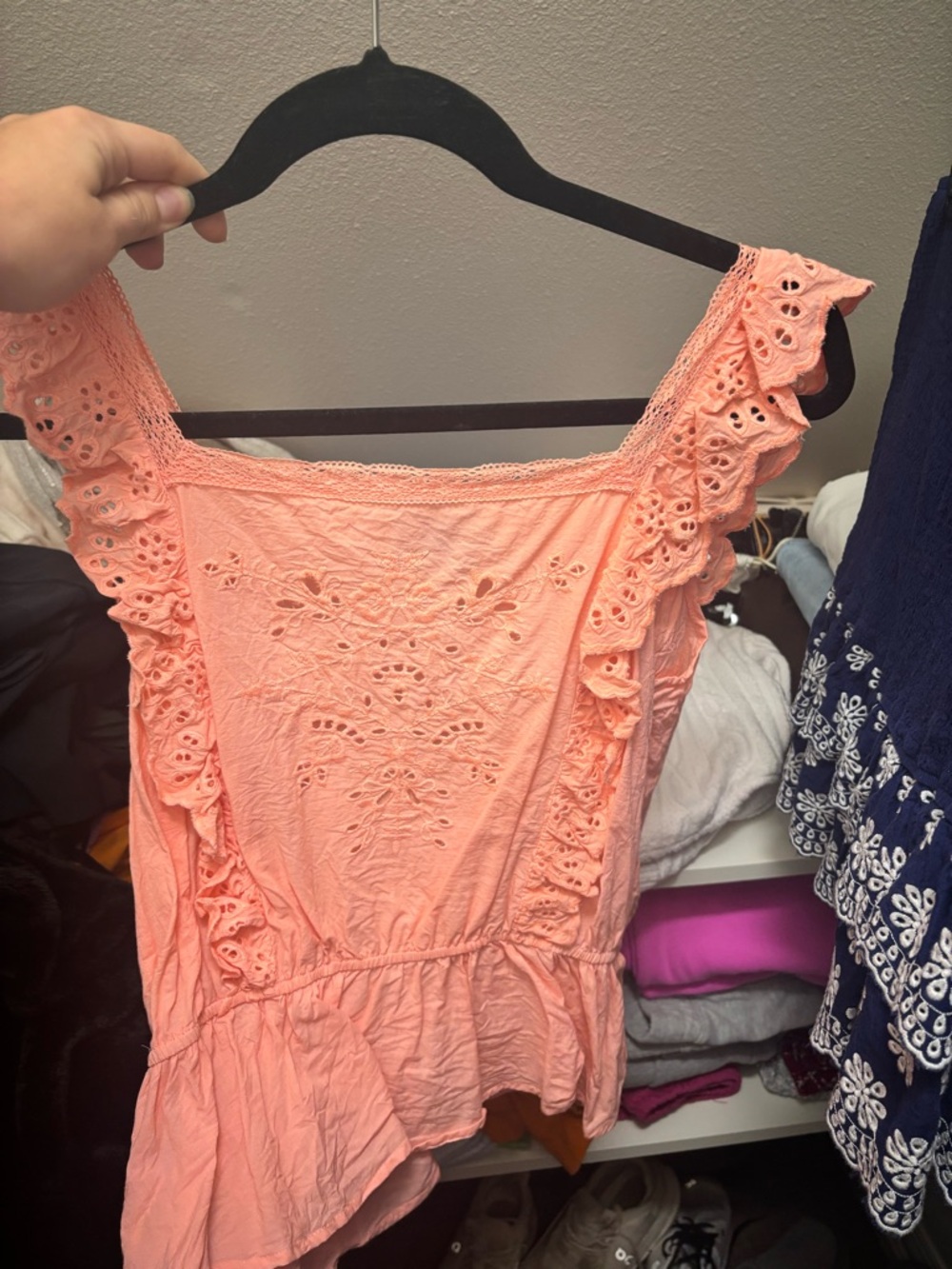 Women’s Eyelet Ruffle Peplum Top in Coral Pink
